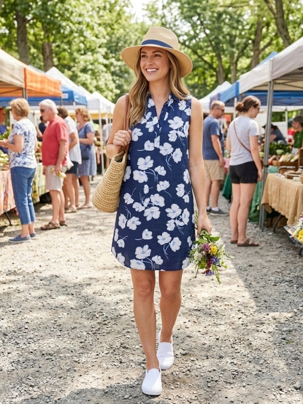 St. Johns Bay Linen Blend Sleeveless Navy & White Floral Shirt Dress Size Small